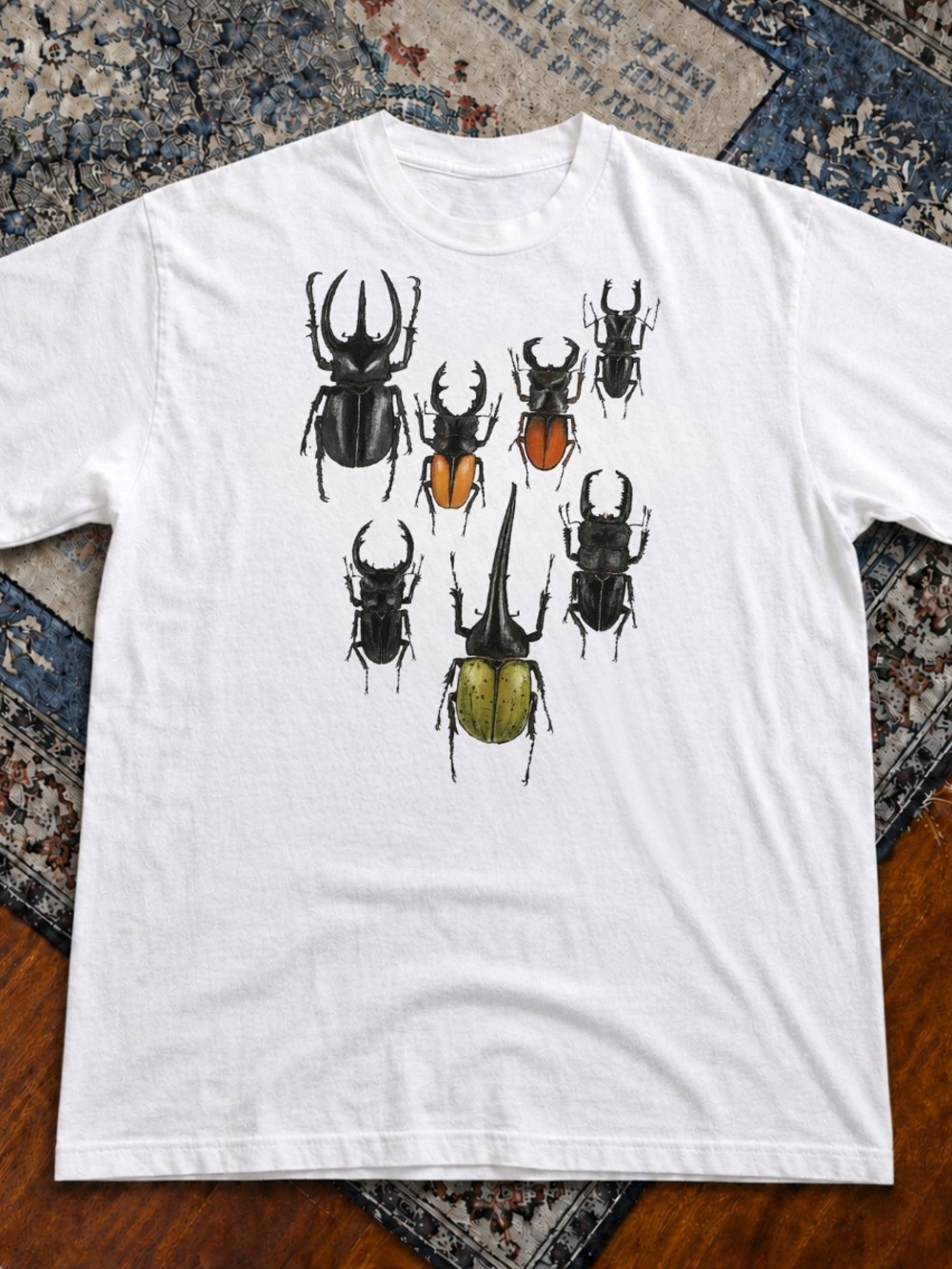 Gildan White Tee with Black, Orange and Olive Beetle Print